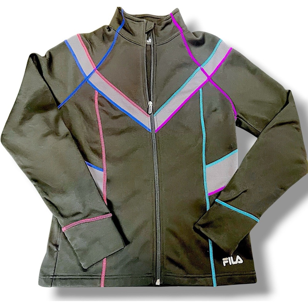 FILA Sport Jacket Women's M Black Full Zip Athletic Running Thumb Holes Y2K